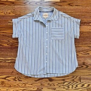 Casa Cabana Striped Button Up Shirt Short Sleeve Blue Resort Top Sz Lg
